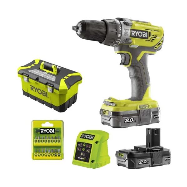 ryobi r18pd3-220t - kit trapano avvitatore a percussione 18v con valigetta, 2 batterie da 2.0ah e 16 inserti + porta inserti -