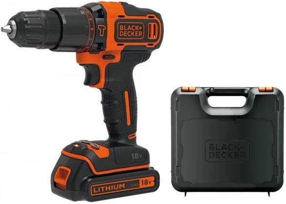 black & decker trapano a percussione a batteria da 18v + batteria al litio da 1,5ah + caricabatterie + valigetta di custodia