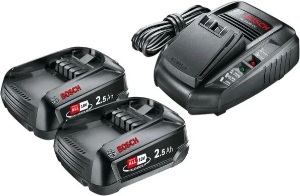 bosch pacco batterie di avviamento set di 2 batterie da 18v 2,5ah + caricabatteria rapido compatto al1830cv