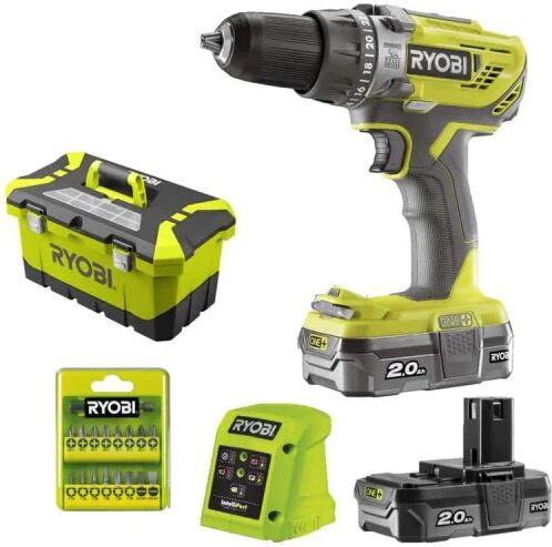 ryobi r18pd3-220t - kit trapano avvitatore a percussione 18v con valigetta, 2 batterie da 2.0ah e 16 inserti + porta inserti -