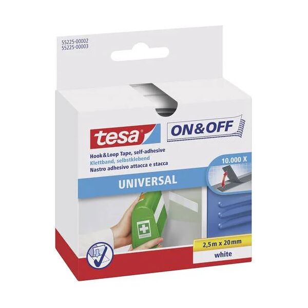 tesa on & off nastro autoadesivo universale, nastro adesivo a strappo per il fissaggio veloce di oggetti domestici leggeri, bianco, 2 cm x 250 cm