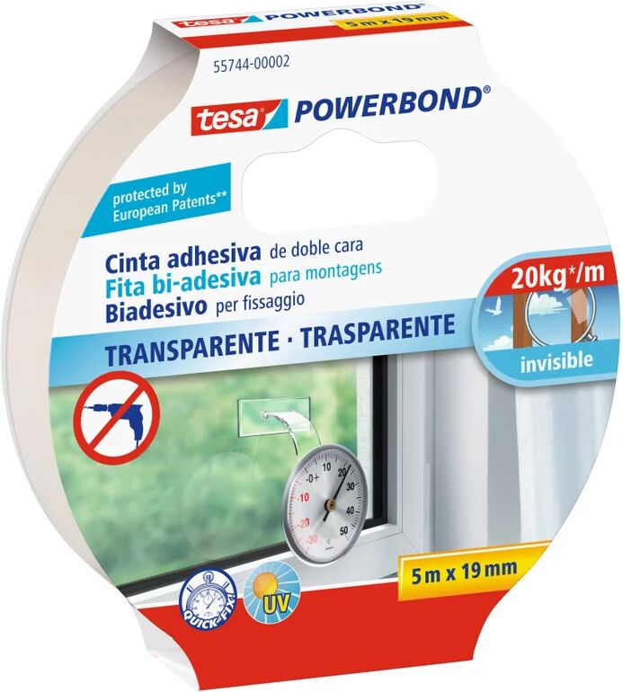 tesa nastro adesivo,  powerbond® trasparente, biadesivo per fissaggio, 19 mm, 5 mt