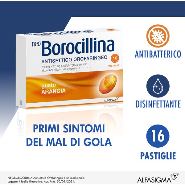 neoborocillina neo borocillina antisettico orofaringeo 6,4mg + 52mg arancia 16 pastiglie