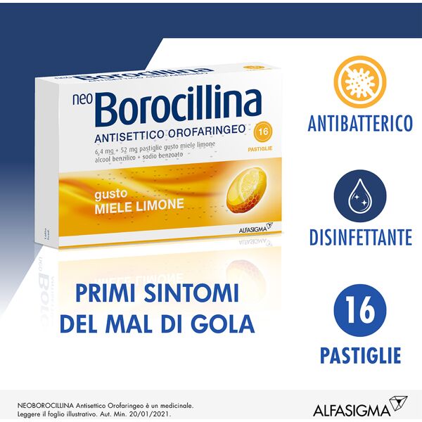 neoborocillina neo borocillina antisettico orofaringeo 6,4mg + 52mg limone e miele 16 pastiglie