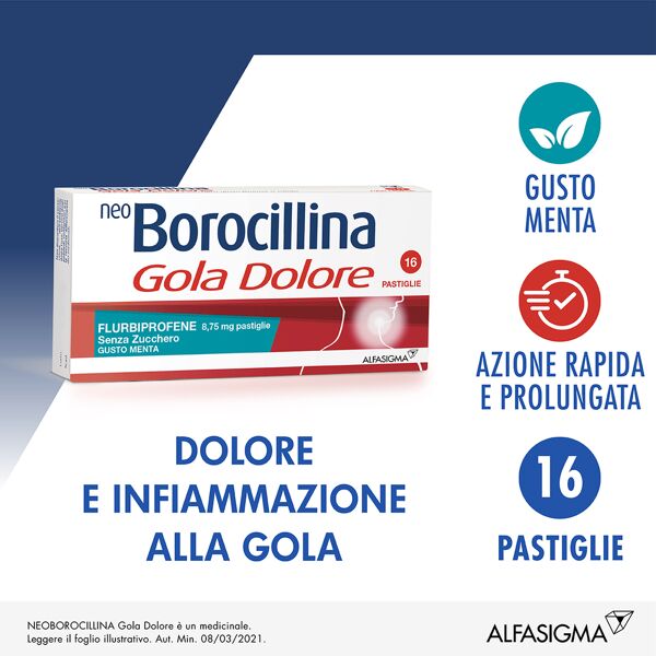 neoborocillina neo borocillina gola dolore 8,75 mg menta senza zucchero 16 pastiglie