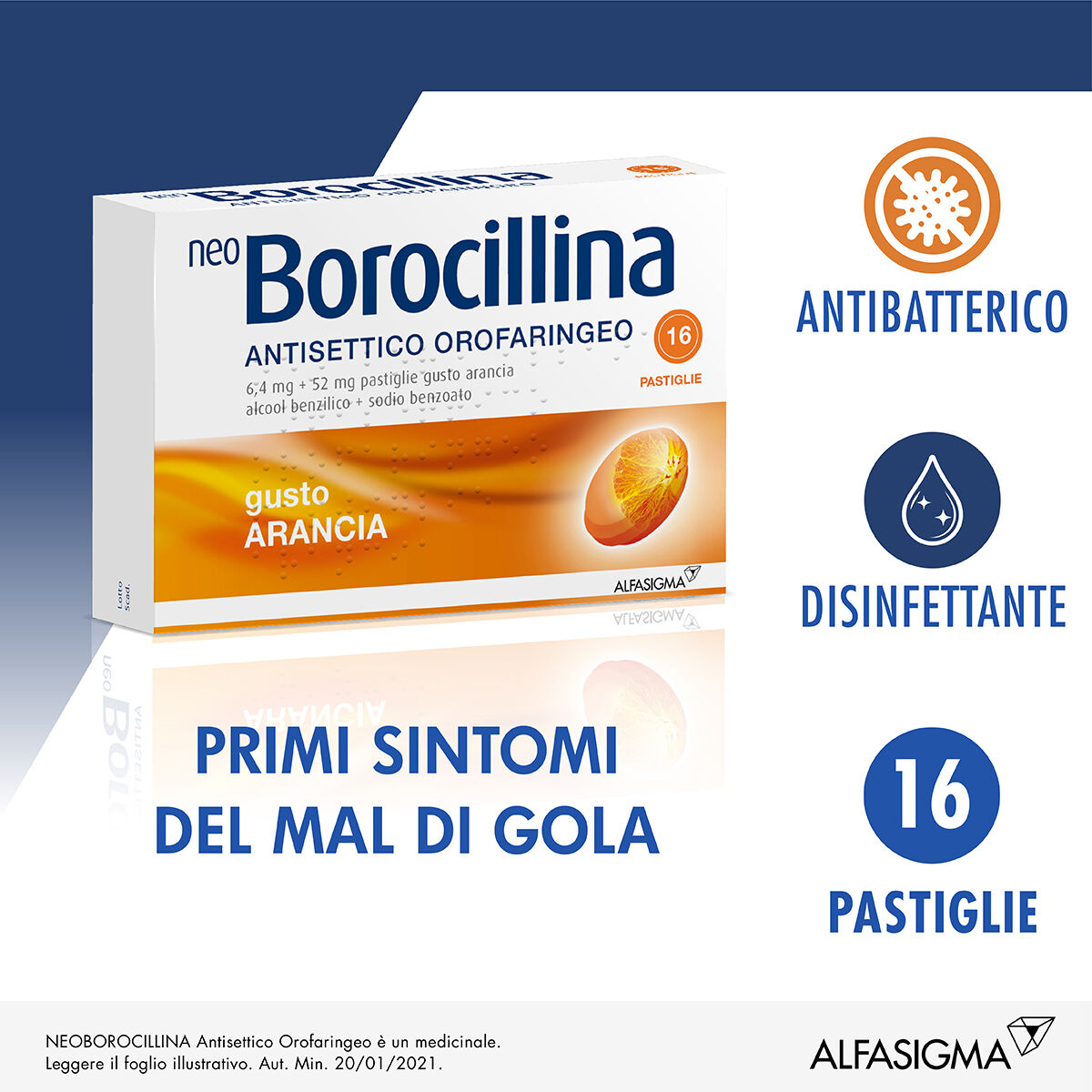 neoborocillina neo borocillina antisettico orofaringeo 6,4mg + 52mg arancia 16 pastiglie