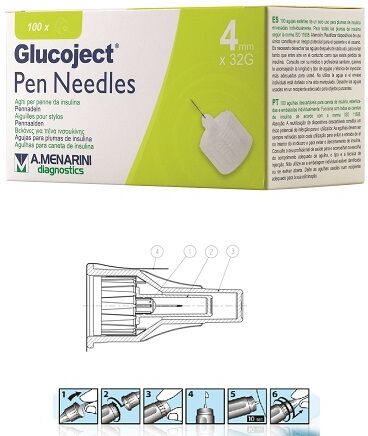 menarini glucoject pen needles 32g 4mm aghi per penne da insulina 100 pezzi