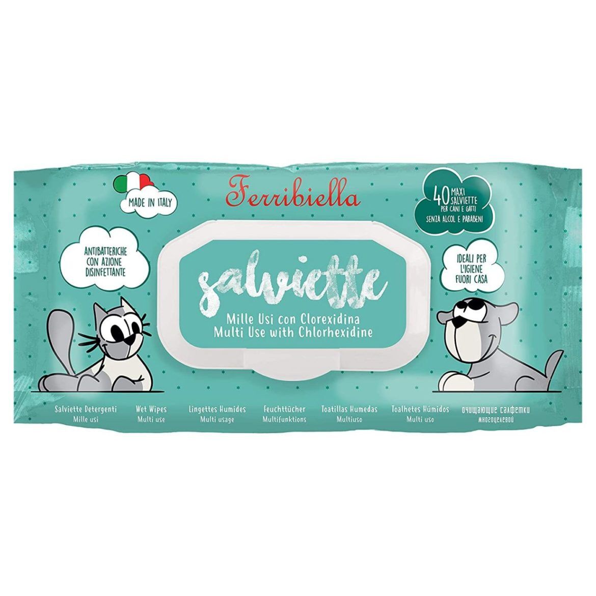 Ferribiella Salviette Detergenti Mille Usi con Clorexidina per Cani e Gatti 1255