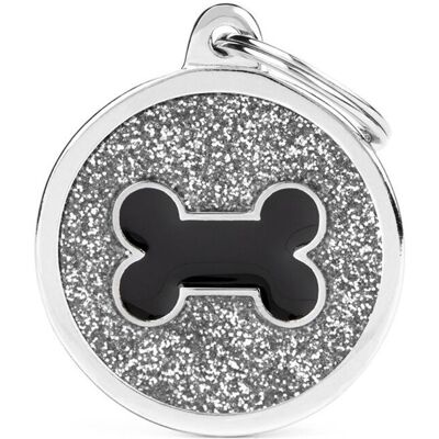 MyFamily Medaglietta Grande Grigia con Glitter per Cani - Targa MyFamily Medaglietta Grande Grigia con Glitter per Cani - Targa