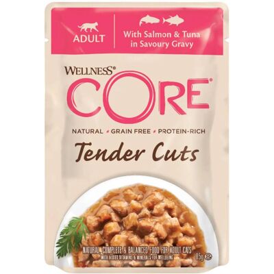 Wellness® Core Wellness Core Bocconcini in Salsa per Gatti Tender Cuts Pollo Salmone e Tonno 85 g Wellness® Core Wellness Core Bocconcini in Salsa per Gatti Tender Cuts Pollo Salmone e Tonno 85 g