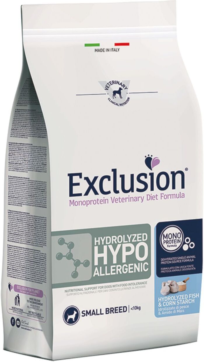 Exclusion Diet Hydrolyzed Hypoallergenic Small Pesce e Amido di Mais per Cani 2Kg