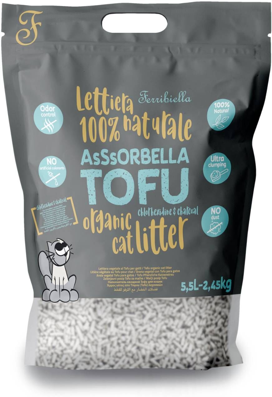 Ferribiella Lettiera Vegetale Agglomerante Asssorbella Carbone e Clorexidina Tofu Naturale 5,5lt per Gatti