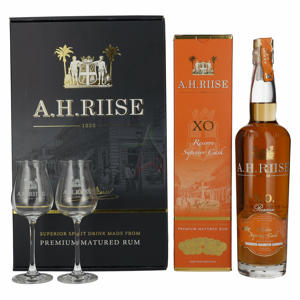 a.h. riise x.o. reserve superior cask con 2 bicchieri 0,70 l / vol. 40,0%