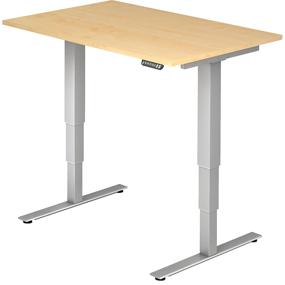 upliner-2.0 - scrivania per lavorare in piedi, con regolazione elettrica dell'altezza, basamento a t, larghezza 1200 mm, simil-acero