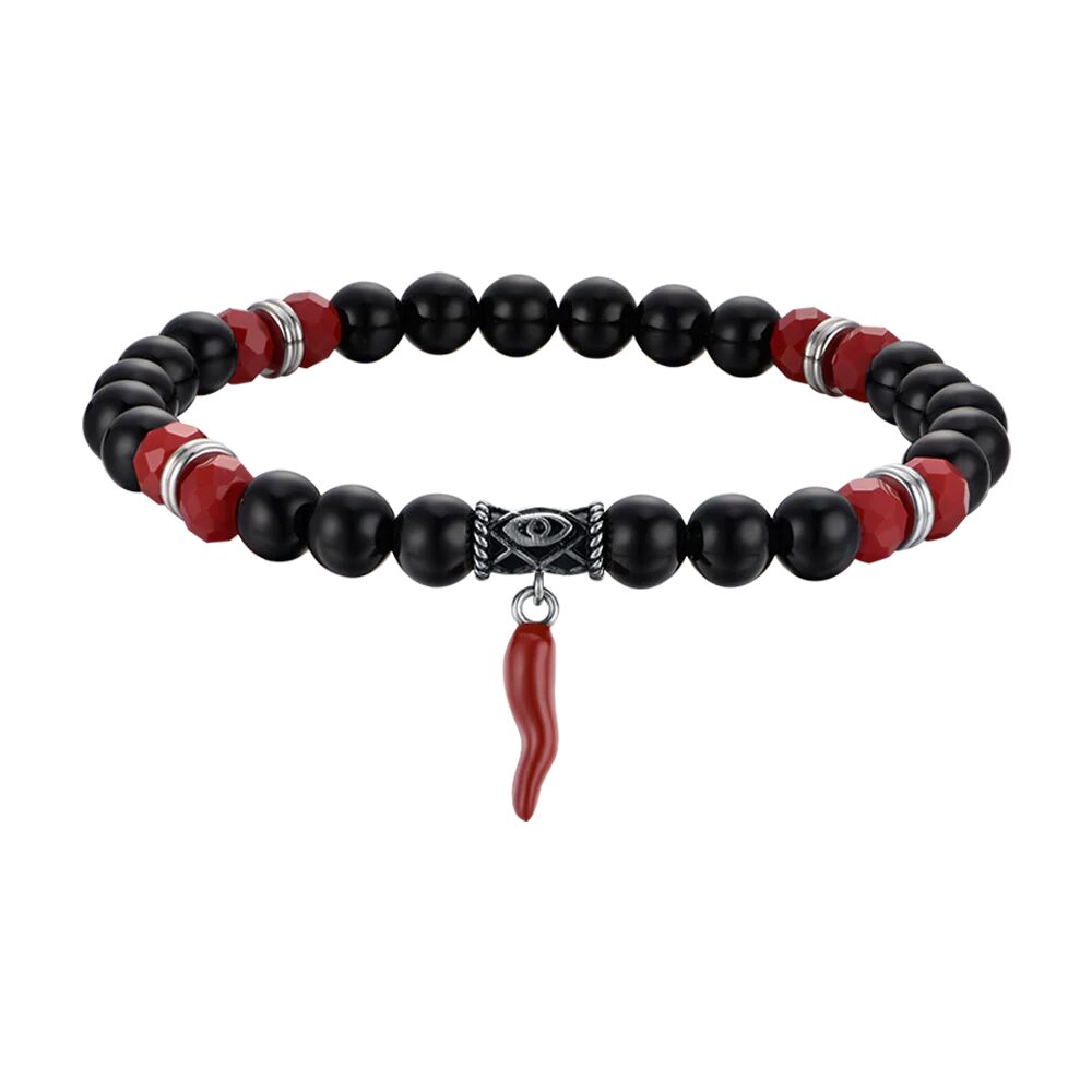 Luca Barra BRACCIALE UOMO ELASTICO CON PIETRE NERE E ROSSE E CORNO ROSSO