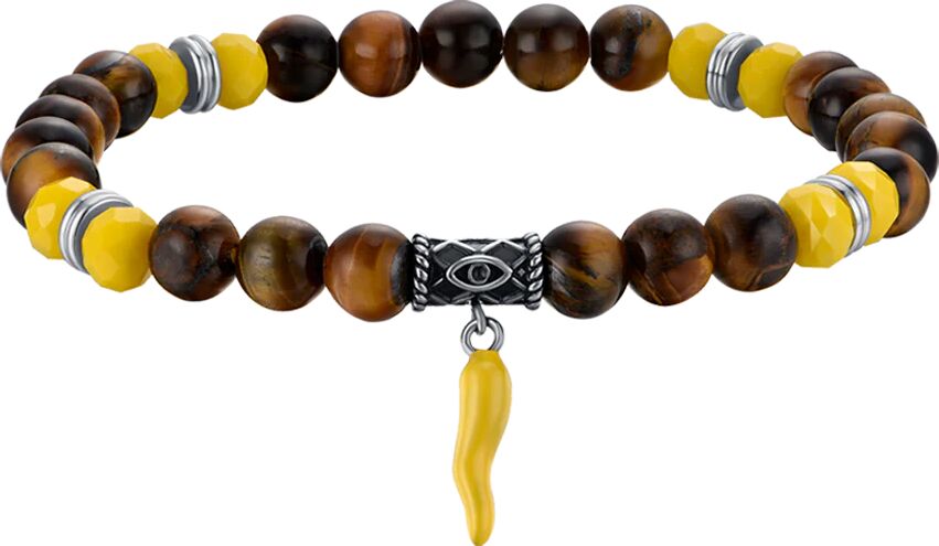 Luca Barra BRACCIALE UOMO ELASTICO CON PIETRE OCCHIO DI TIGRE E GIALLE E CORNO GIALLO