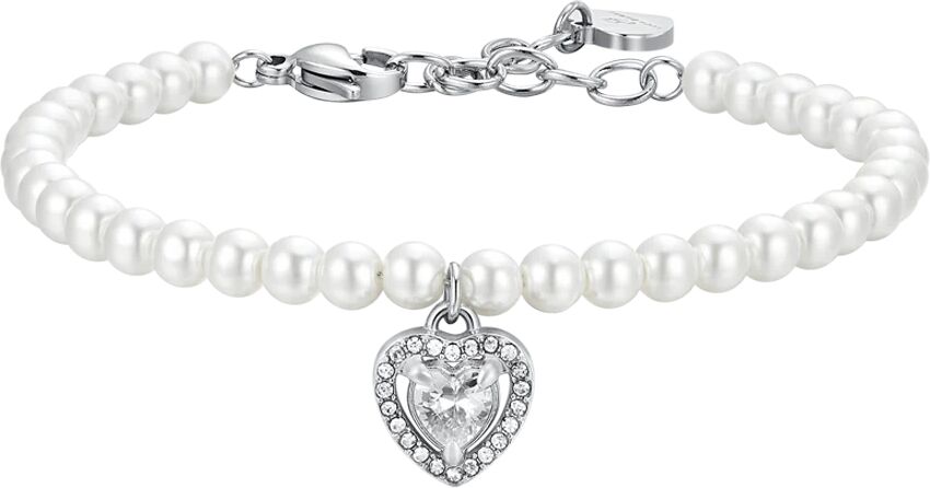 Luca Barra BRACCIALE DONNA IN ACCIAIO PERLE E CUORE ZIRCONE BIANCO