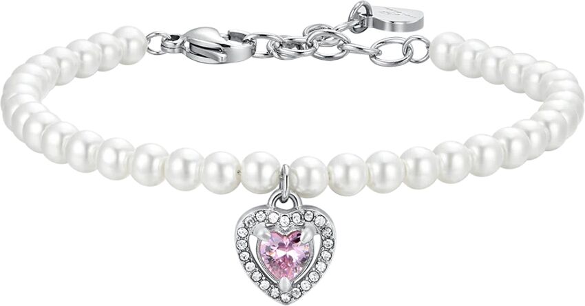 Luca Barra BRACCIALE DONNA IN ACCIAIO PERLE E CUORE ZIRCONE ROSA