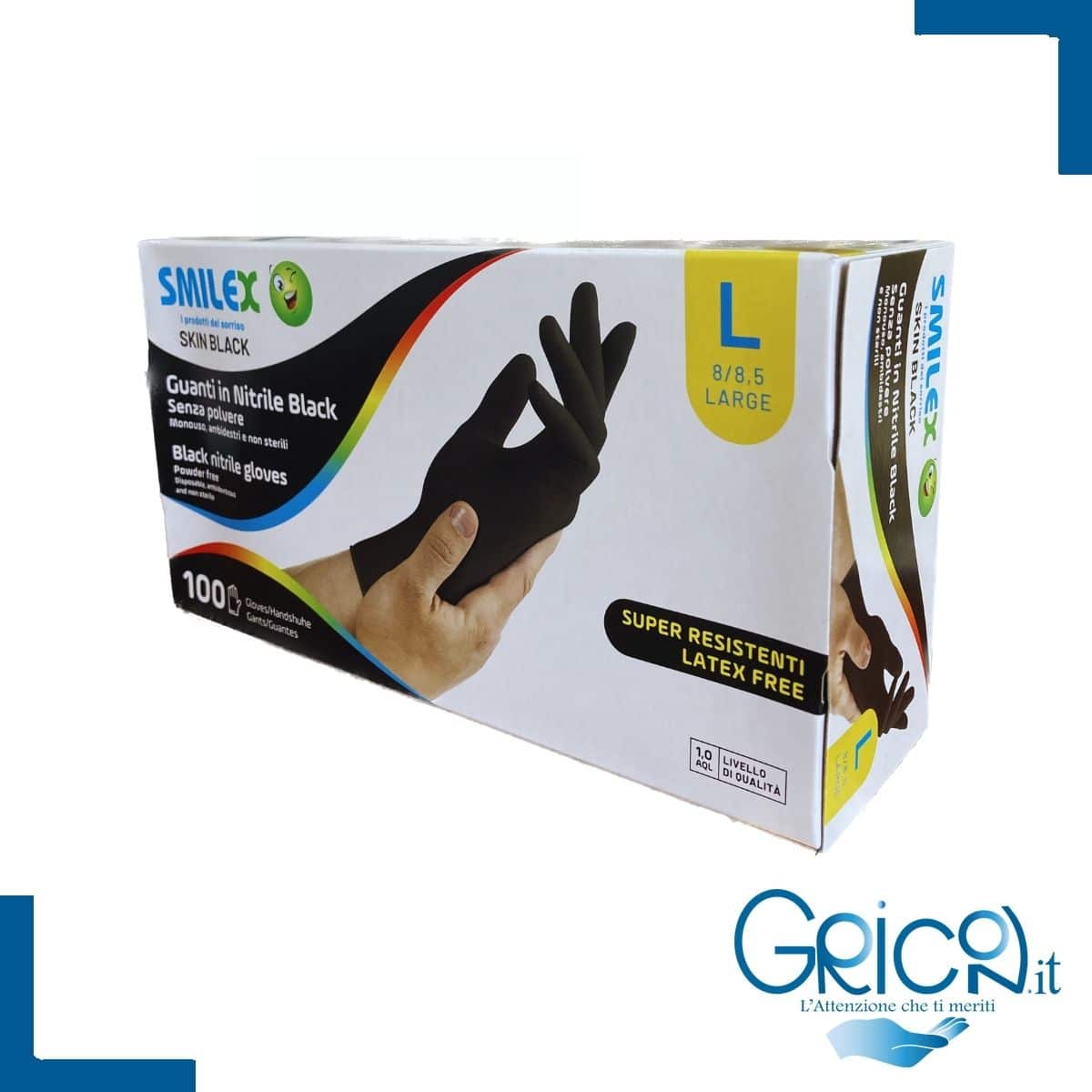 Bericah Smilex Skin Black Guanti in Nitrile Senza Polvere - L