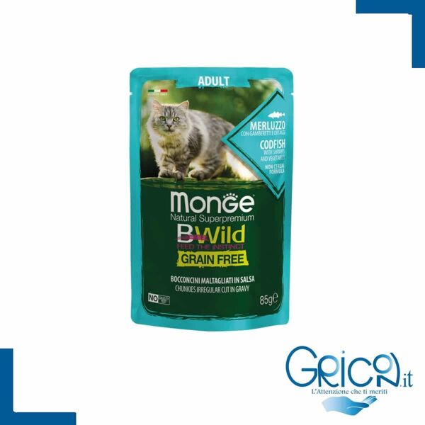 monge bwild grain free gatto merluzzo con gamberetti e ortaggi (fagiolini e carote) - 85 g - 1 pz