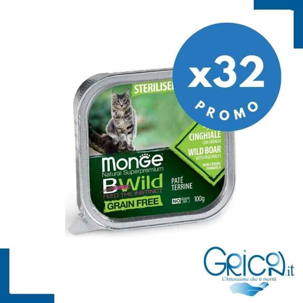 monge bwild grain free gatto sterilizzato cinghiale con ortaggi (fagiolini e carote) 100 g - 32 pz