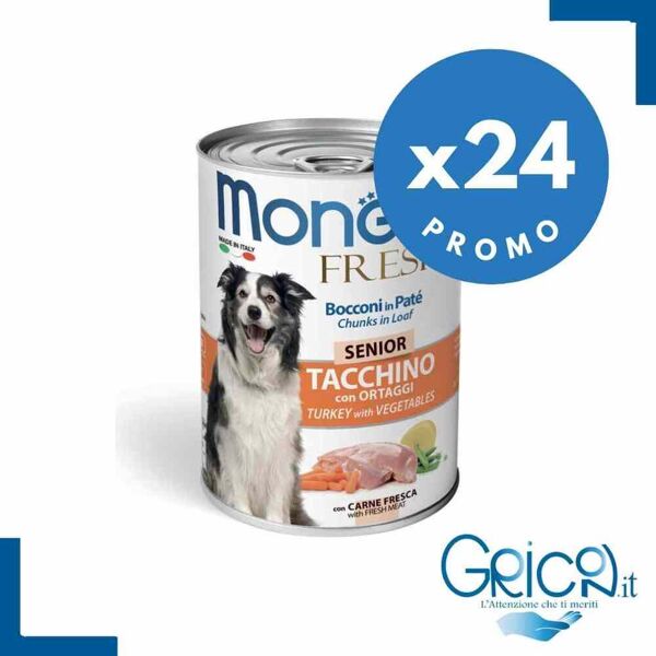 monge cane fresh bocconi in paté tacchino con ortaggi senior 400 g - 24 pz