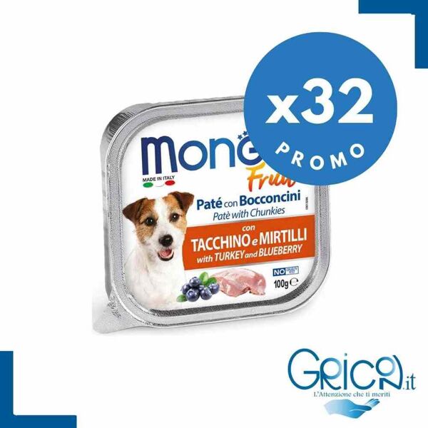 monge cane fruit paté e bocconcini con tacchino e mirtilli 100 g - 32 pz