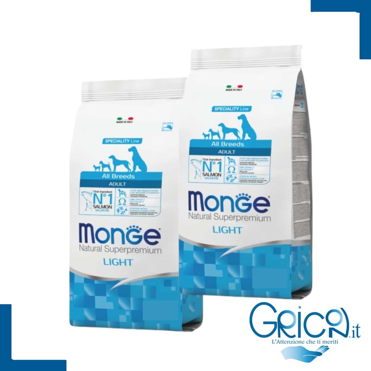 monge cane all breeds adult light salmone con riso - 2+ sacchi