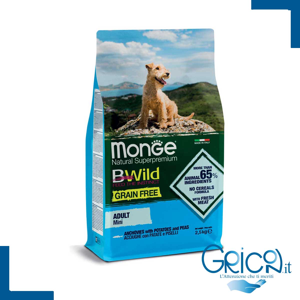 monge cane bwild grain free acciughe con patate e piselli mini adult 2.5 kg - 2+ sacchi