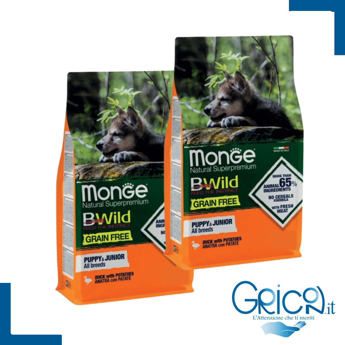 monge cane bwild grain free anatra con patate – all breeds puppy & junior - 2+ sacchi