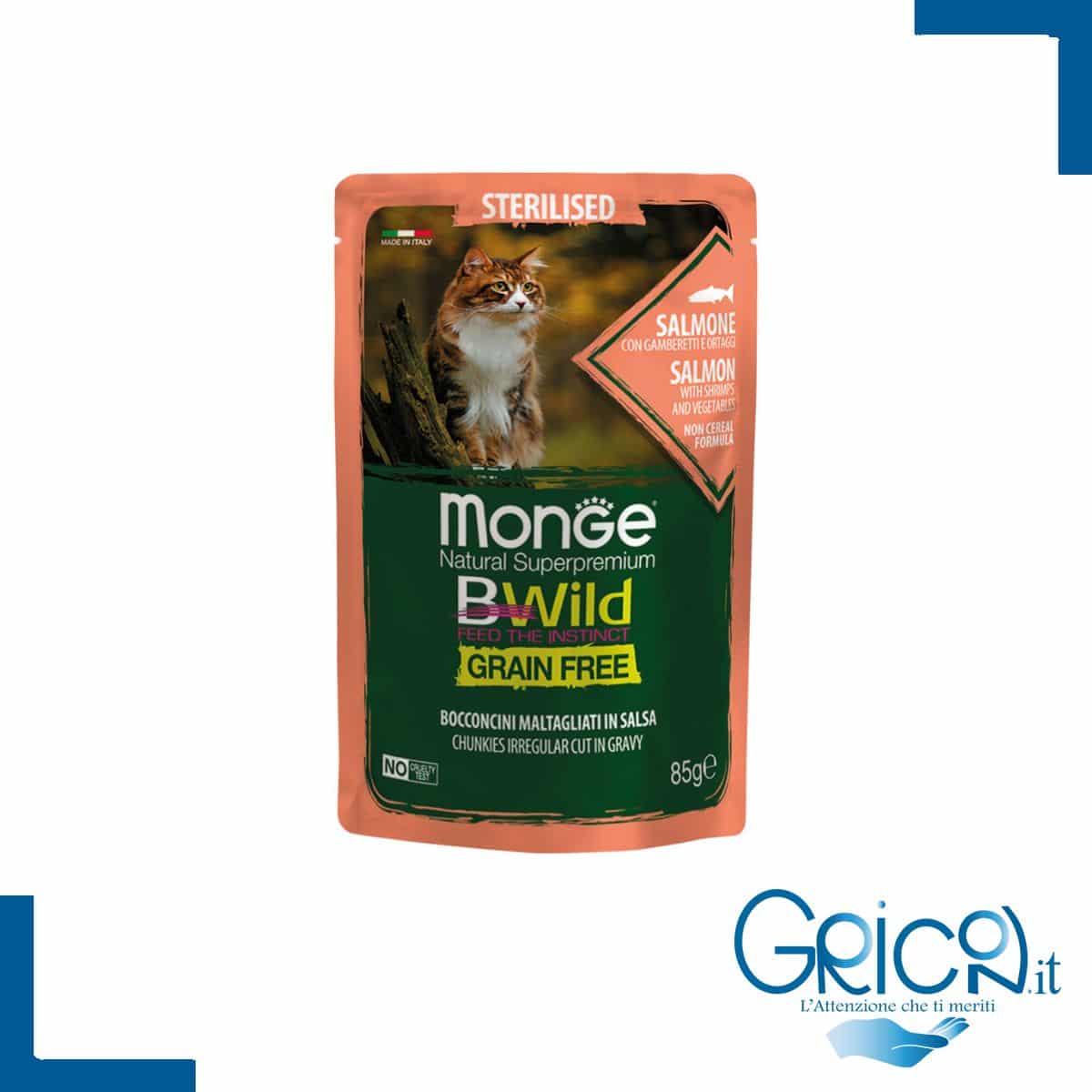 Monge Bwild Grain Free Gatto Sterilizzato Salmone con gamberetti e ortaggi (fagiolini e carote) 85 g - 1 pz