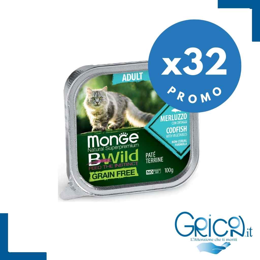 Monge Bwild Grain Free Gatto Merluzzo con ortaggi (fagiolini e carote) 100 g - 32 pz