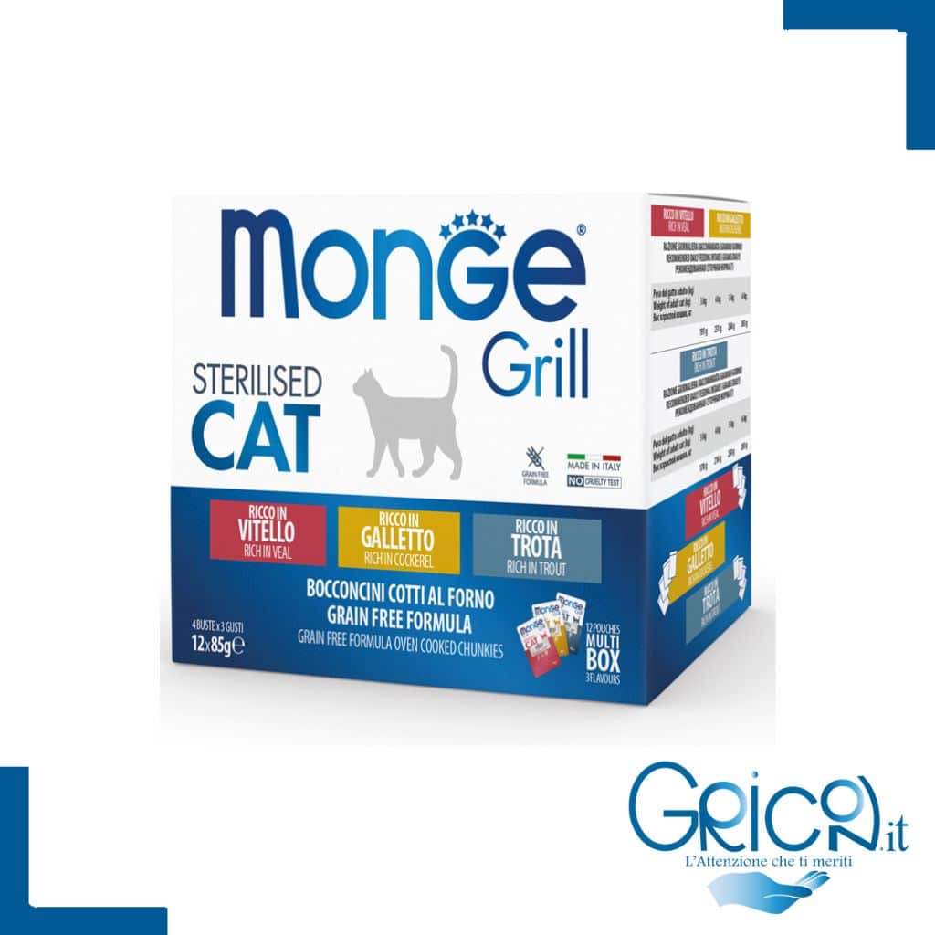 Monge Grill Multipack Buste Galletto, Trota, Vitello Gatto Sterilised 12 x 85 gr