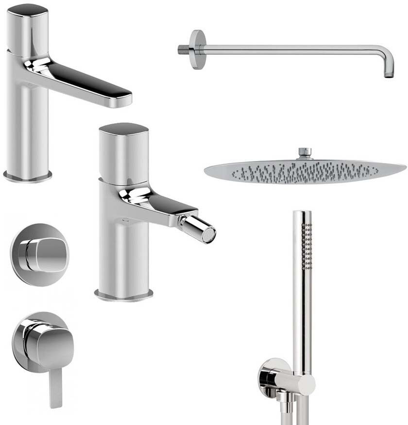 Fantini Lamè Miscelatore lavabo, bidet, incasso doccia, soffione doccia tondo 25 cm, braccio doccia e doccetta