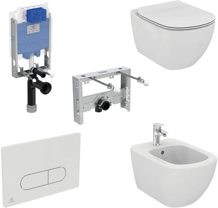 Sanitari sospesi Ideal Standard Tesi, modulo per wc sospeso Prosys, staffe bidet e Placca Oleas M1