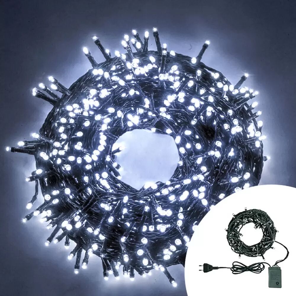 Catena di luci 8 metri da 100 Led Bianco Freddo con cavo verde Wisdom