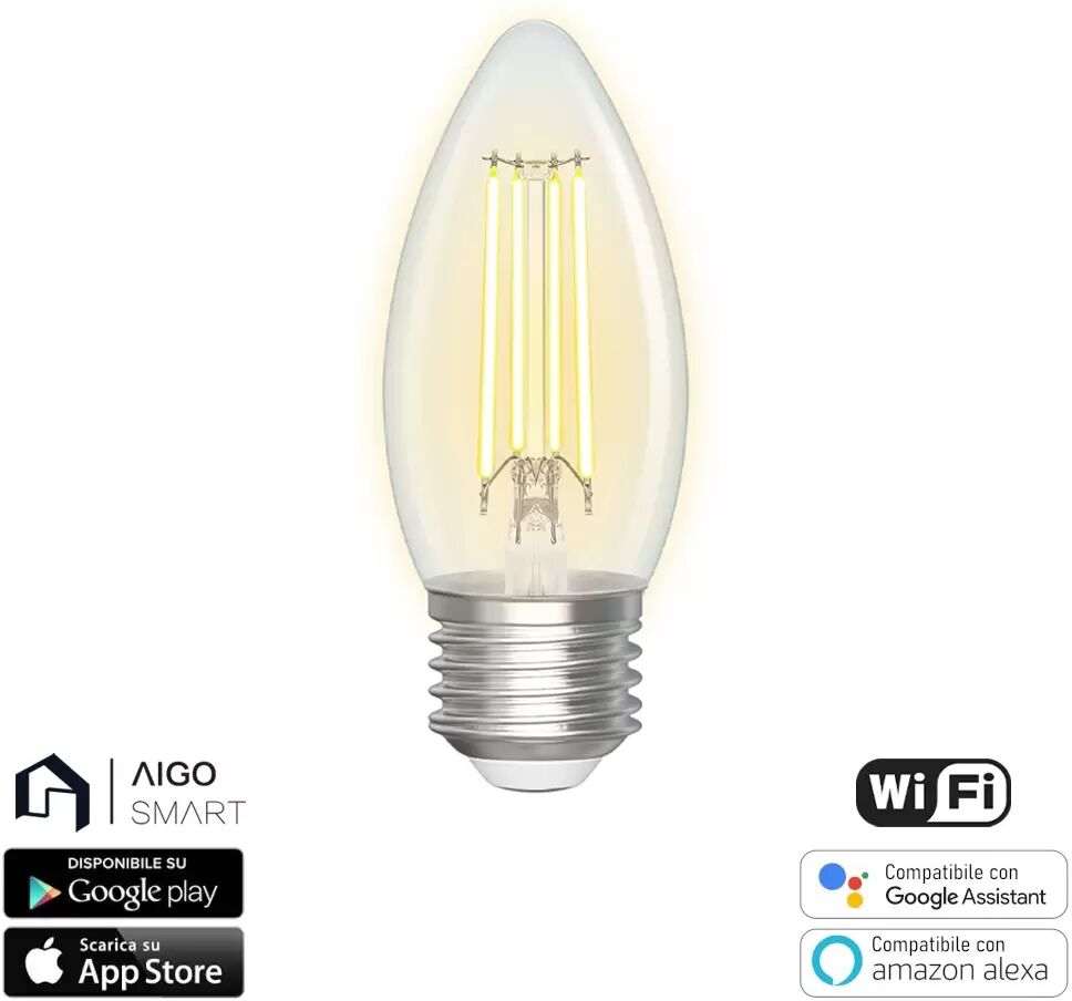 Lampadina Led a Filamento Smart C35 E27 4,5W WiFi CCT luce regolabile e dimmerabile Aigostar