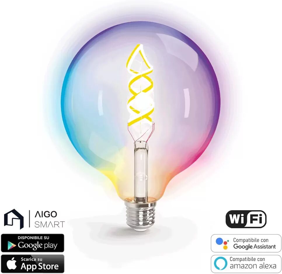 Lampadina Led a Filamento Smart G125 E27 4,9W WiFi RGB + Bianco caldo 2700K luce regolabile e dimmerabile Aigostar