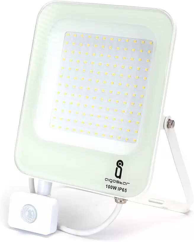 faro proiettore led 100w bianco da esterno ip65 bianco neutro 4000k con sensore crepuscolare e di movimento aigostar