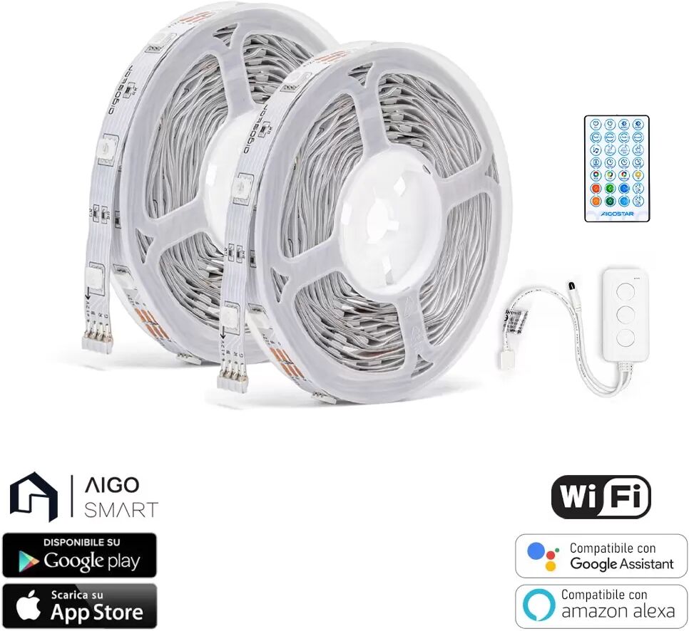 Striscia Led Smart 12V 36W 2&#215;5 metri WiFi RGB luce regolabile e dimmerabile con telecomando Aigostar