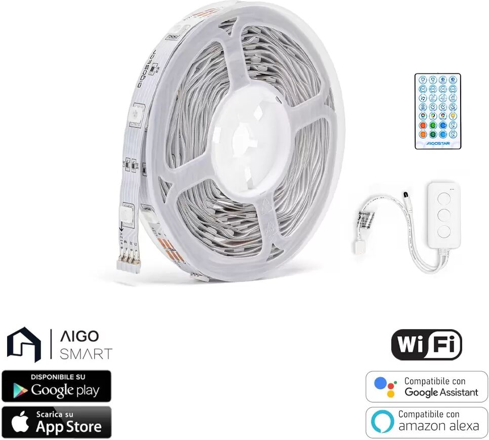 Striscia Led Smart 12V 18W 5 metri WiFi RGB luce regolabile e dimmerabile con telecomando Aigostar