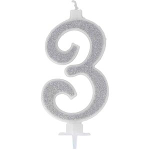 Graziano Candelina Compleanno Numero 3 Tre In Cera Glitter Argento H 13 Cm