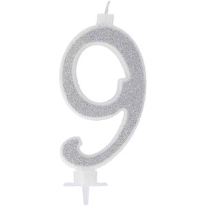 Graziano Candelina Compleanno Numero 9 Nove In Cera Glitter Argento H 13 Cm