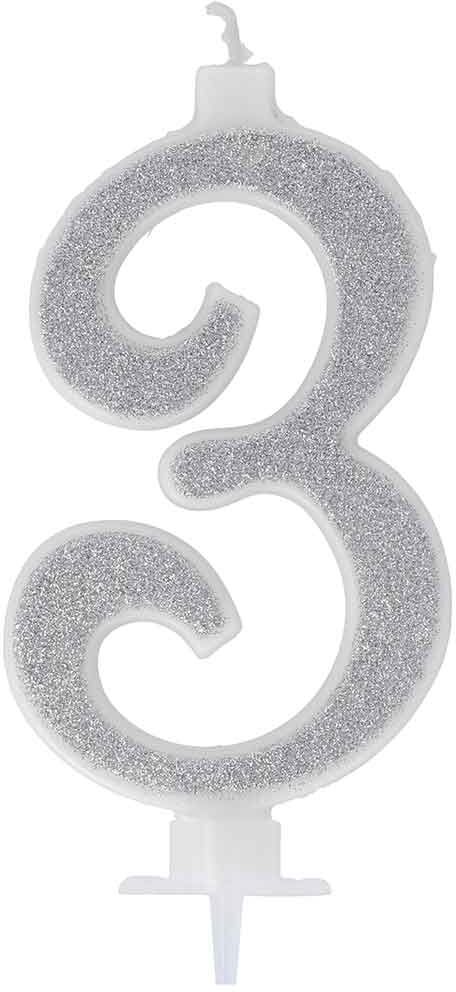 Graziano Candelina Compleanno Numero 3 Tre In Cera Glitter Argento H 13 Cm