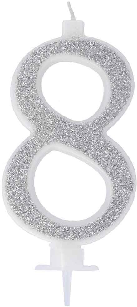 Graziano Candelina Compleanno Numero 8 Otto In Cera Glitter Argento H 13 Cm