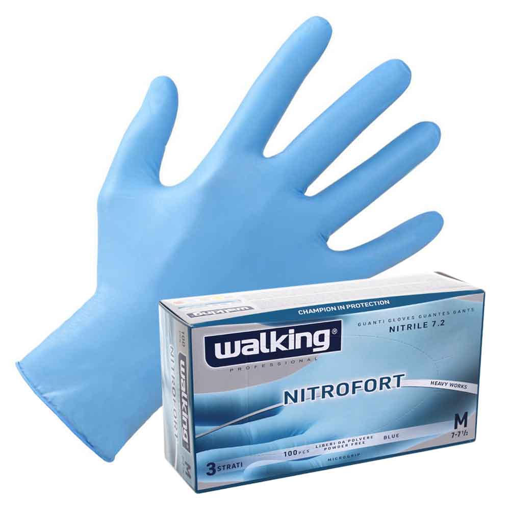 100 Guanti Nitrile Monouso Azzurri Walking Nitrofort 3 Strati