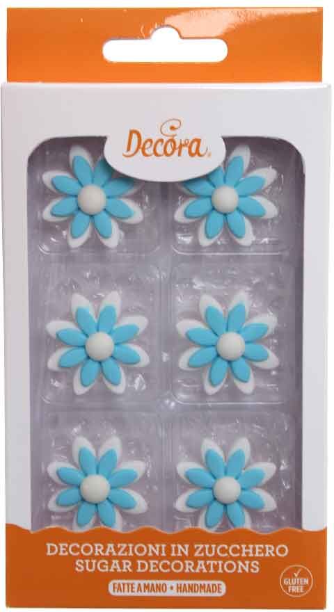 6 decorazioni fiori per torte margherite bicolore celesti bianche in zucchero decora