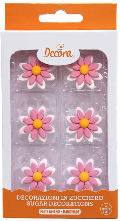 6 Decorazioni Fiori Per Torte Margherite Bicolore Rosa E Bianche In Zucchero Decora