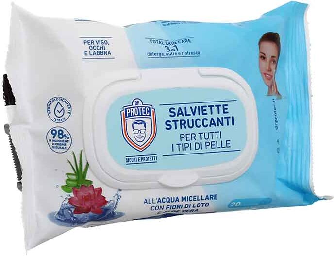 dr protect 20 salviettine struccanti con acqua micellare fiori di loto e aloe vera