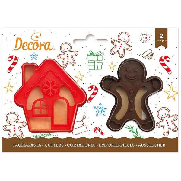 decora set 2 cutters tagliapasta in plastica casetta natale e omino di zenzero